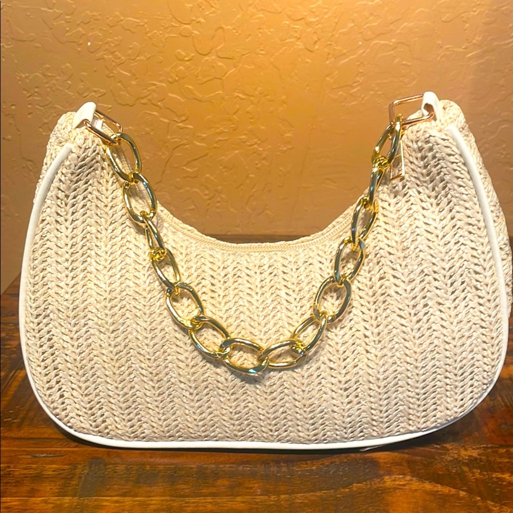 Elegant Cream Woven Bag with Gold Chain NWOT